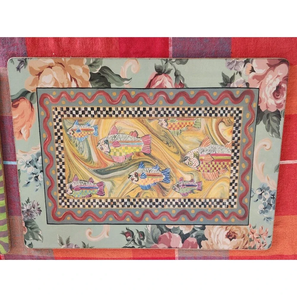 Set of 5 Mackenzie Childs Cork Placemats 3 Courtly Check Fish 2 Roses Floral